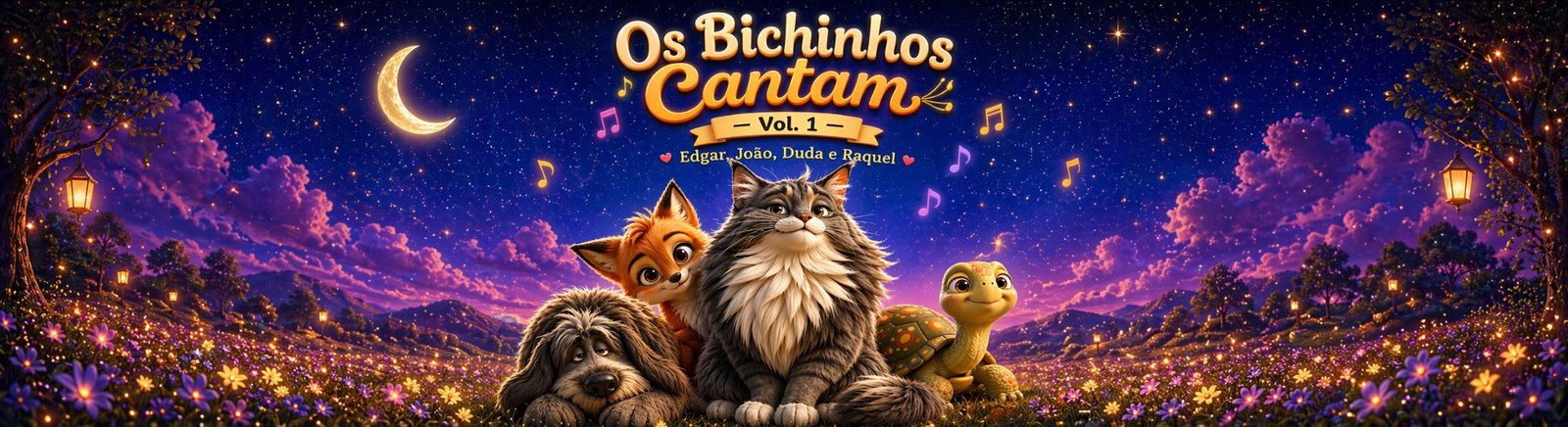 Banner panorâmico de Os Bichinhos Cantam Vol. 1, com os quatro personagens em um campo noturno estrelado.