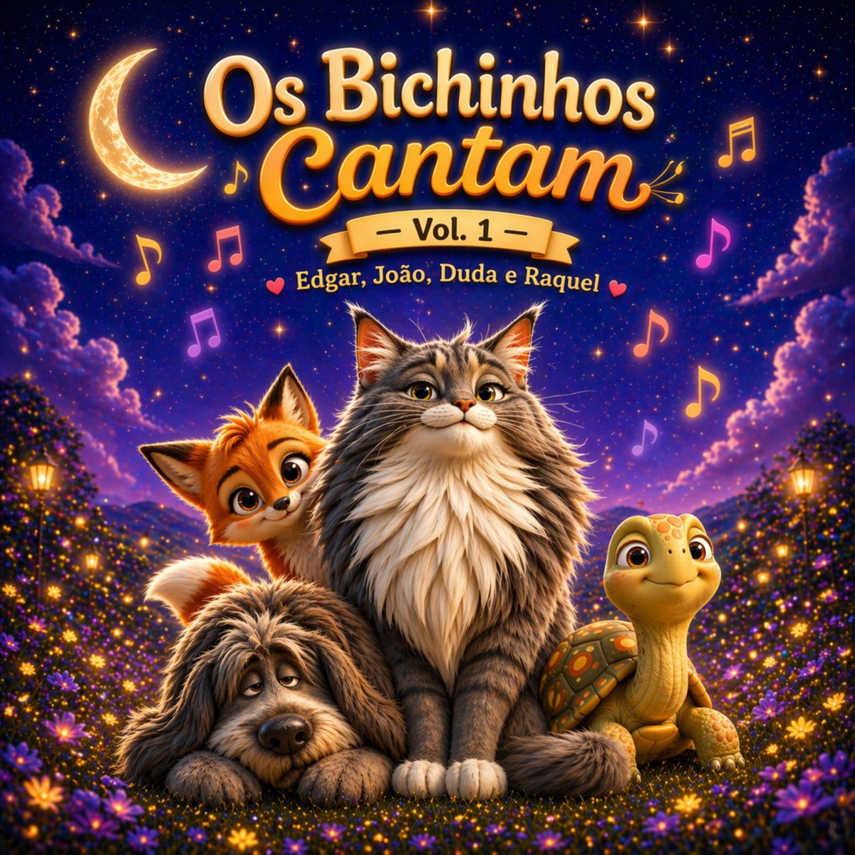 Capa de Os Bichinhos Cantam Vol. 1 com Edgar, João, Duda e Raquel.
