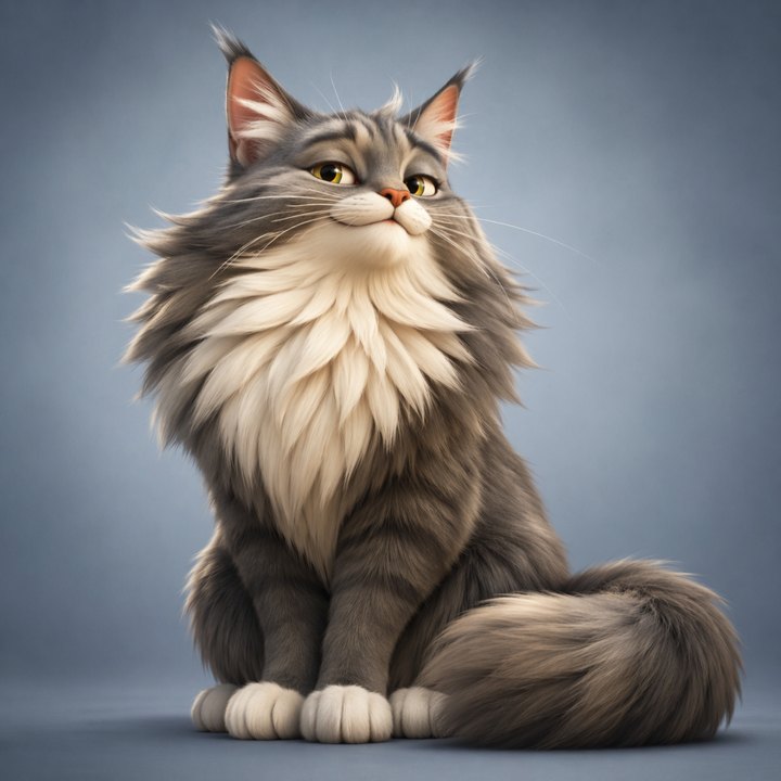 Edgar, gato Maine Coon cinza-prateado de peito branco-creme, com olhar orgulhoso.
