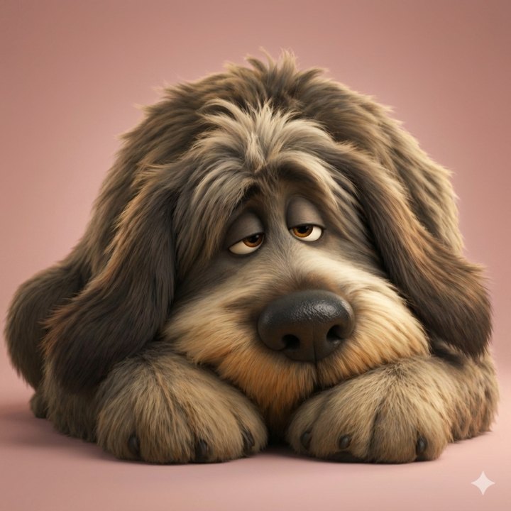 João, cachorro grande peludo cinza, com expressão sonolenta e acolhedora.