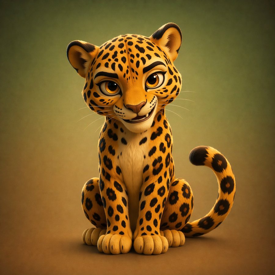 Leonardo, leopardo amarelo-dourado de manchas pretas, sentado com olhar curioso.
