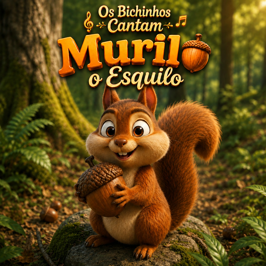 Capa de Murilo, o Esquilo - esquilo vermelho-ferrugem com castanha numa floresta de outono.